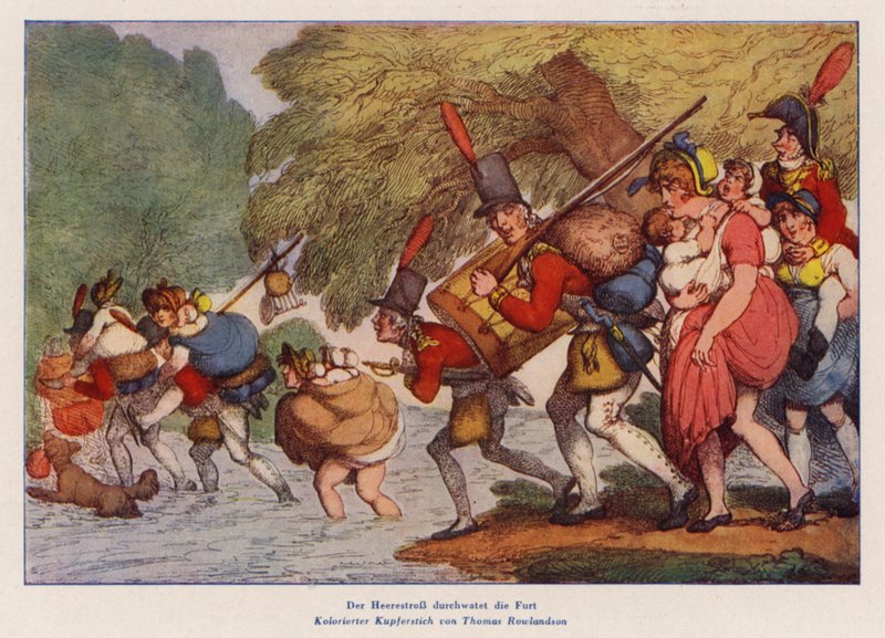 Katonák márciusban (színes metszet) alkotó: Thomas (after) Rowlandson