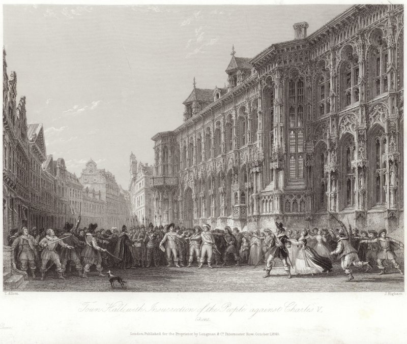 Városháza a nép felkelésével V. Károly ellen alkotó: Thomas Allom
