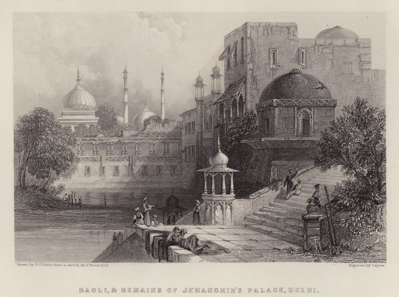 Baoli és a Jehanghir palota maradványai, Delhi (színes litho) alkotó: Thomas Colman (after) Dibdin