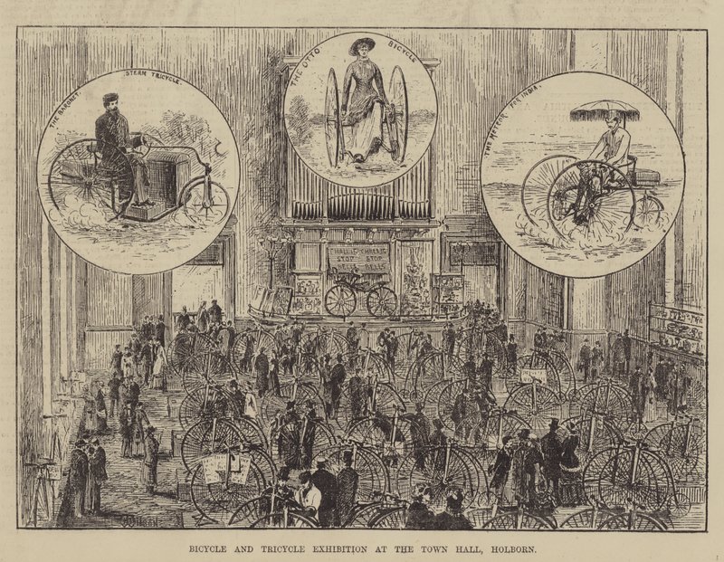 Kerékpár és tricikli kiállítás a Holborn-i Városházán alkotó: Thomas Harrington Wilson