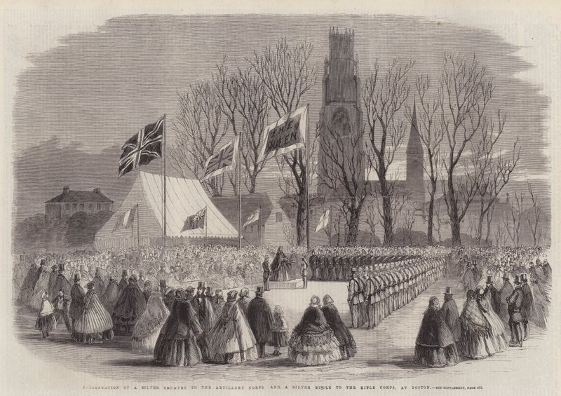Egy ezüst trombita bemutatása a tüzérhadtestnek és egy ezüst bugle bemutatása a lövészhadtestnek Bostonban alkotó: Thomas Harrington Wilson