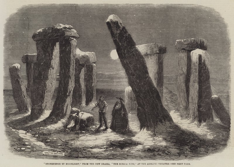 Stonehenge holdfényben, a The Borgia Ring című új drámából, az Adelphi Színházban. alkotó: Thomas Harrington Wilson