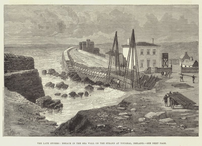 A késői viharok, a tengerfal áttörése a strandon, Youghalban, Írországban alkotó: Thomas Harrington Wilson