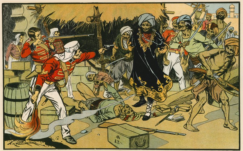 A magazin megsemmisítése Delhiben (színes litográfia) alkotó: Thomas Heath Robinson