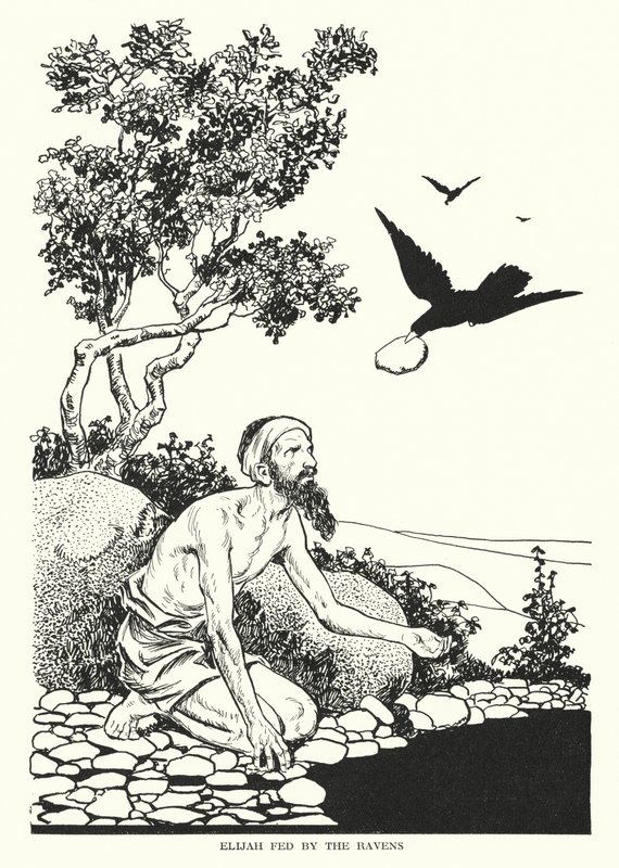 A hollók által etetett Illés (litográfia) alkotó: Thomas Heath Robinson