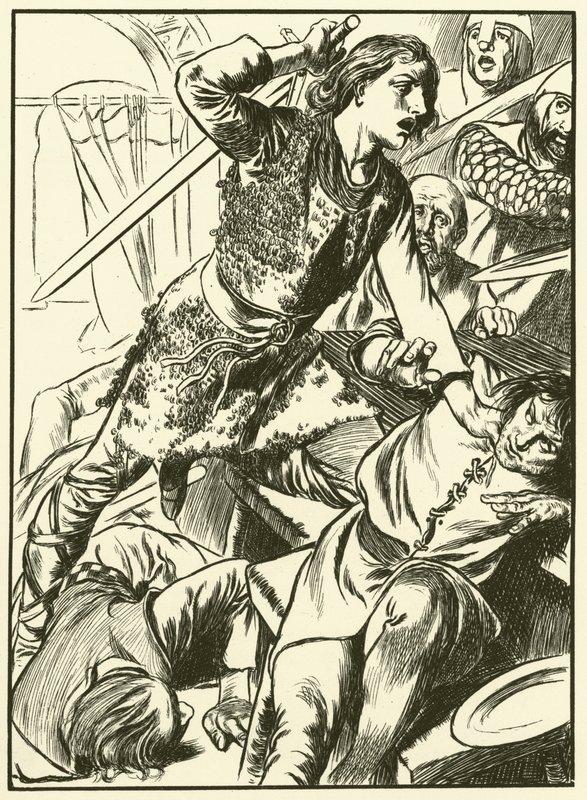 Hereward és emberei megtámadják a normannokat (metszet) alkotó: Thomas Heath Robinson