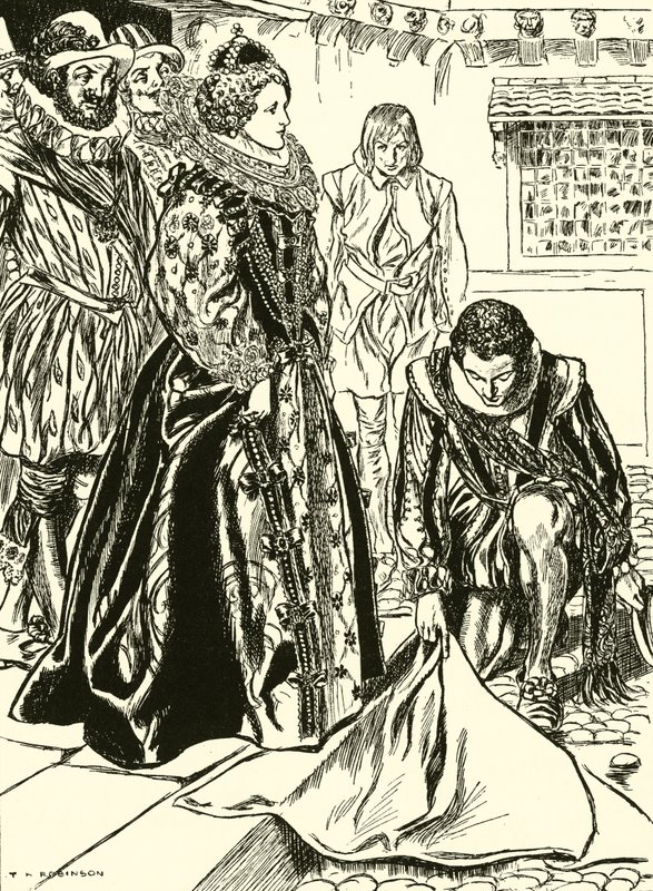 Raleigh kiteríti köpenyét Erzsébet előtt (metszet) alkotó: Thomas Heath Robinson