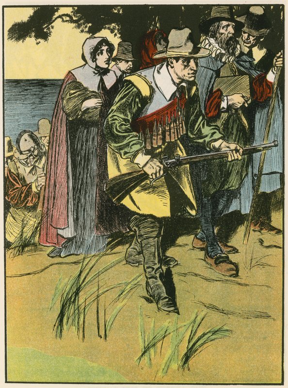 A zarándok atyák bevonulnak az Újvilágba (színes lithó) alkotó: Thomas Heath Robinson