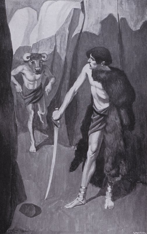 Theseus találkozott a Minotaurusszal egy szűk szakadékban (litográfia) alkotó: Thomas Heath Robinson