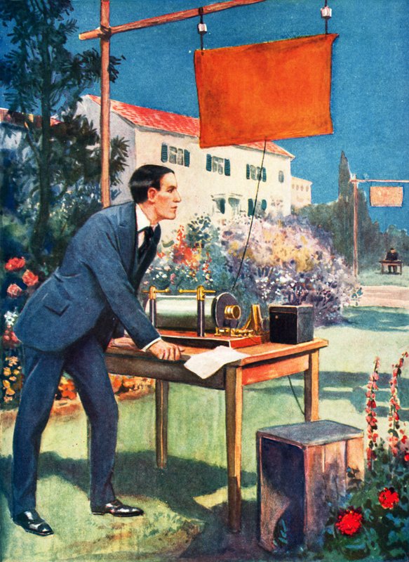 Vezeték nélküli távírás, Marconi egyik legkorábbi kísérlete (színes lithó) alkotó: Thomas Heath Robinson