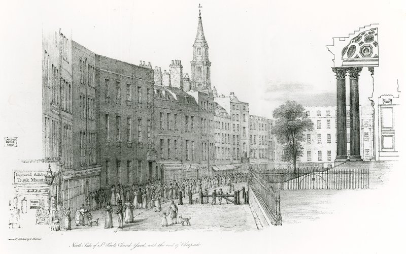 A Szent Pál-székesegyház északi oldala, London, templomudvar a Cheapside végével alkotó: Thomas Hornor