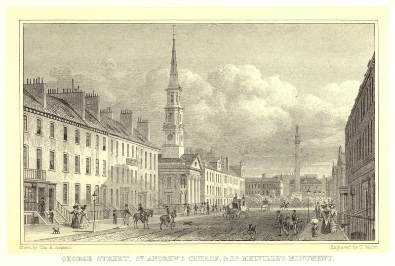 George Street, Szent András-templom és Lord Melville emlékműve (metszet) alkotó: Thomas Hosmer (after) Shepherd