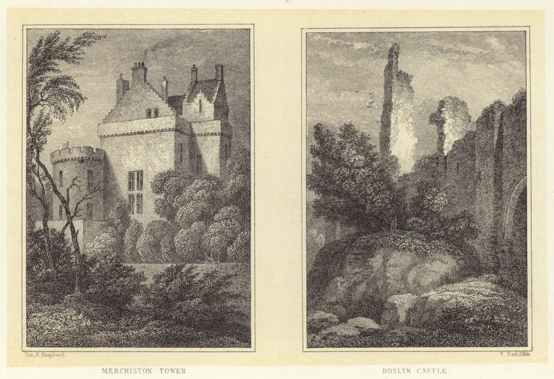 Merchiston-torony; Roslyn kastély (metszet) alkotó: Thomas Hosmer (after) Shepherd