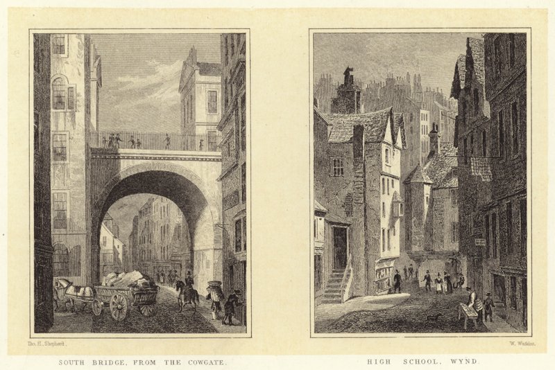 Déli híd, a Cowgate felől; Középiskola, Wynd (metszet) alkotó: Thomas Hosmer (after) Shepherd