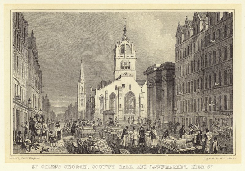 St Giles templom, Megyeháza és Lawnmarket, High Street (metszet) alkotó: Thomas Hosmer (after) Shepherd