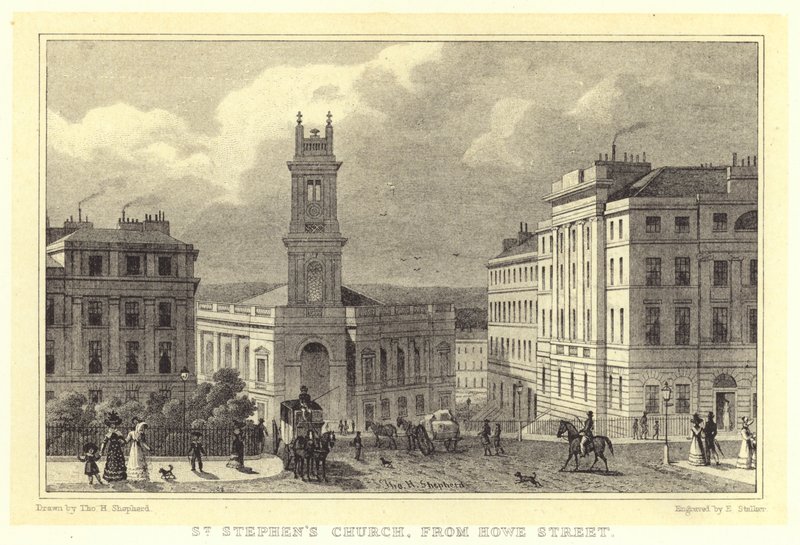 Szent István templom, a Howe Street felől (metszet) alkotó: Thomas Hosmer (after) Shepherd