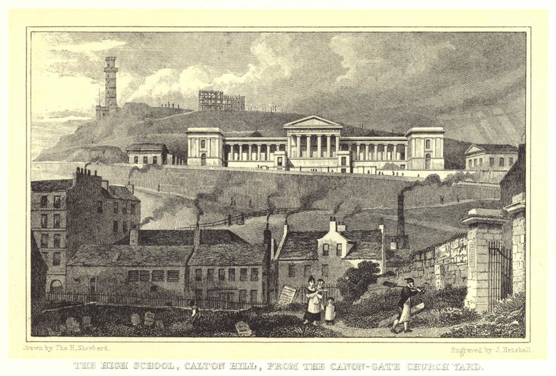 A középiskola, Calton Hill, a Canon-Gate Church Yard felől (metszet) alkotó: Thomas Hosmer (after) Shepherd
