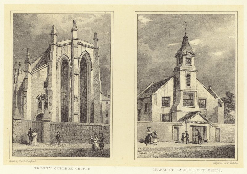 Trinity College templom; A kényelem kápolnája, St Cuthberts (metszet) alkotó: Thomas Hosmer (after) Shepherd