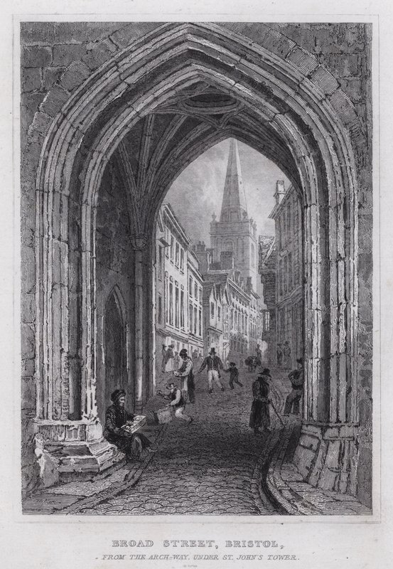 Broad Street, Bristol, az Arch-Way felől, a Szent János-torony alatt (metszet) alkotó: Thomas Hosmer Shepherd