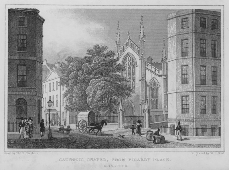 Katolikus kápolna, a Picardy Place-ből, Edinburgh (metszet) alkotó: Thomas Hosmer Shepherd