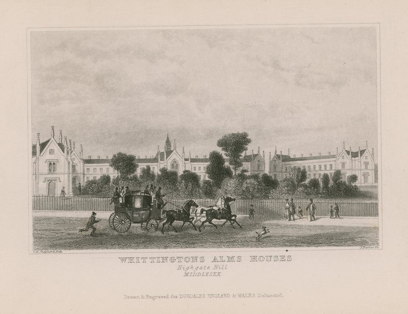 Whittington alamizsnás házainak általános képe alkotó: Thomas Hosmer Shepherd