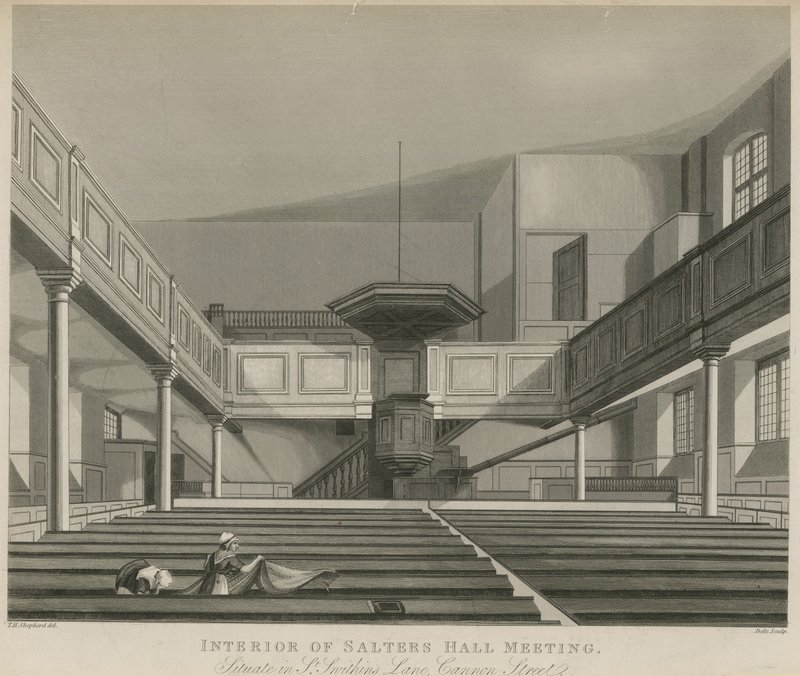 A Salters Hall Meeting belseje a St Swithins Lane-ben, a Cannon Street-en, Londonban alkotó: Thomas Hosmer Shepherd