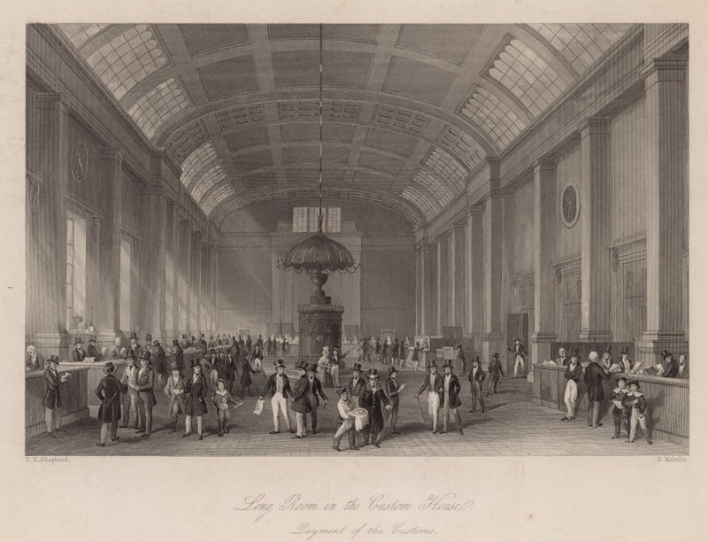 Long Room a vámházban, Londonban, a vámok fizetésére alkotó: Thomas Hosmer Shepherd