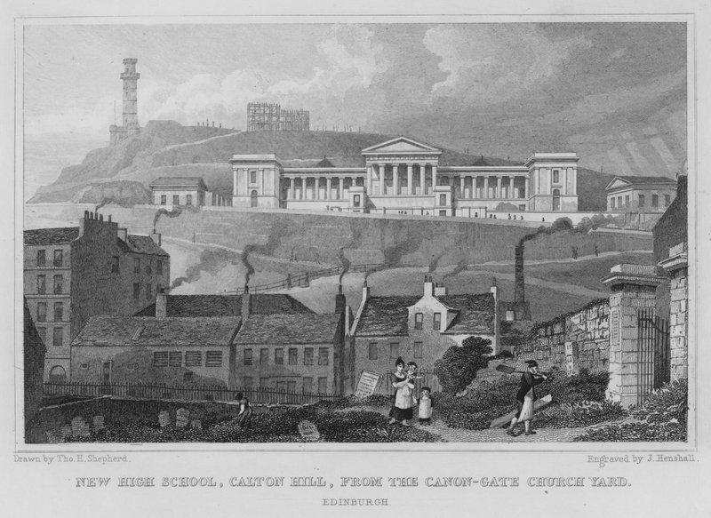 New High School, Calton Hill, a Canon-Gate Church Yardból, Edinburgh (metszet) alkotó: Thomas Hosmer Shepherd