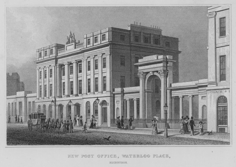 Új postahivatal, Waterloo Place, Edinburgh (metszet) alkotó: Thomas Hosmer Shepherd