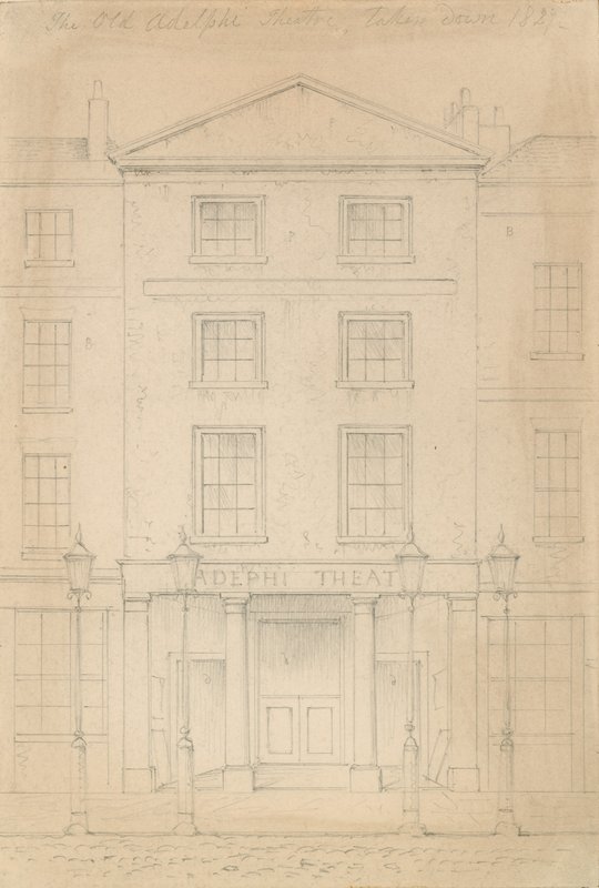 Thomas H Shepherd eredeti ceruzavázlata a londoni Adelphi Színházról, London, készítette alkotó: Thomas Hosmer Shepherd