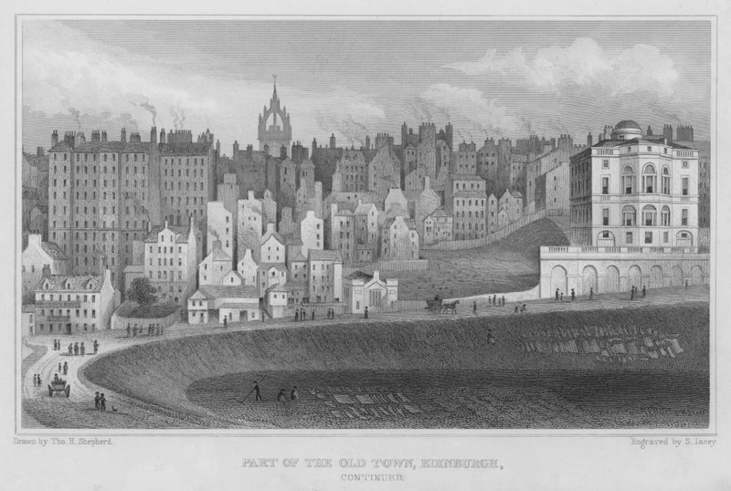 Edinburgh óvárosának része (metszet) alkotó: Thomas Hosmer Shepherd