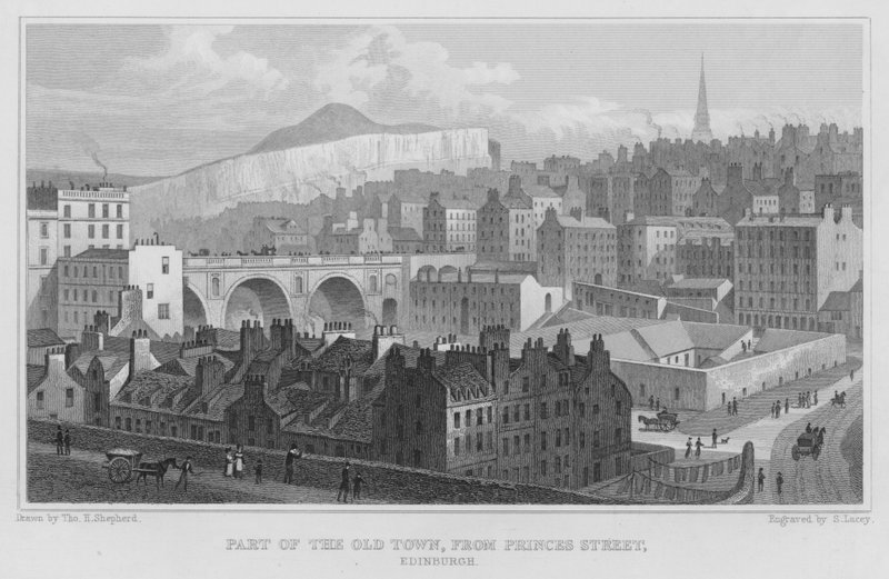 Az óváros része, az Edinburgh-i Princes Street felől (metszet) alkotó: Thomas Hosmer Shepherd