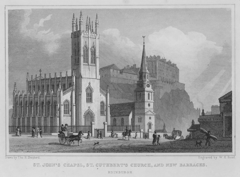 Szent János-kápolna, Szent Cuthbert-templom és New Barracks, Edinburgh (metszet) alkotó: Thomas Hosmer Shepherd