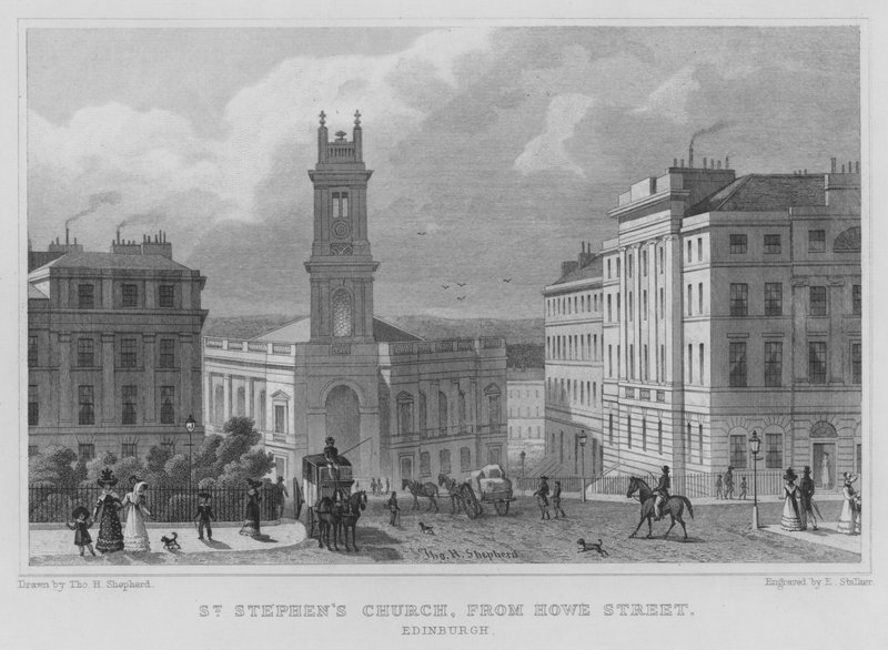 Szent István templom, az edinburghi Howe Street-ről (metszet) alkotó: Thomas Hosmer Shepherd