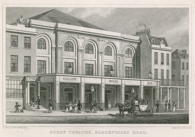Surrey Színház, Blackfriars Road, London (metszet) alkotó: Thomas Hosmer Shepherd