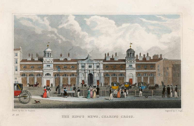 The Kings Mews, Charing Cross. Edward Cross Menagerie-jének ideiglenes otthona. alkotó: Thomas Hosmer Shepherd