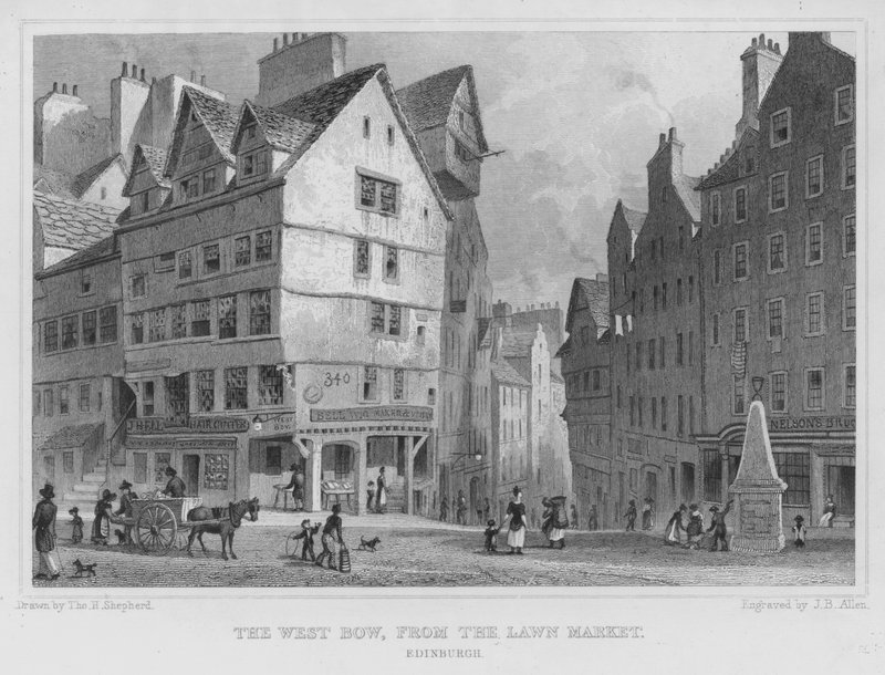 A West Bow az Edinburgh-i Lawn Marketről (metszet) alkotó: Thomas Hosmer Shepherd