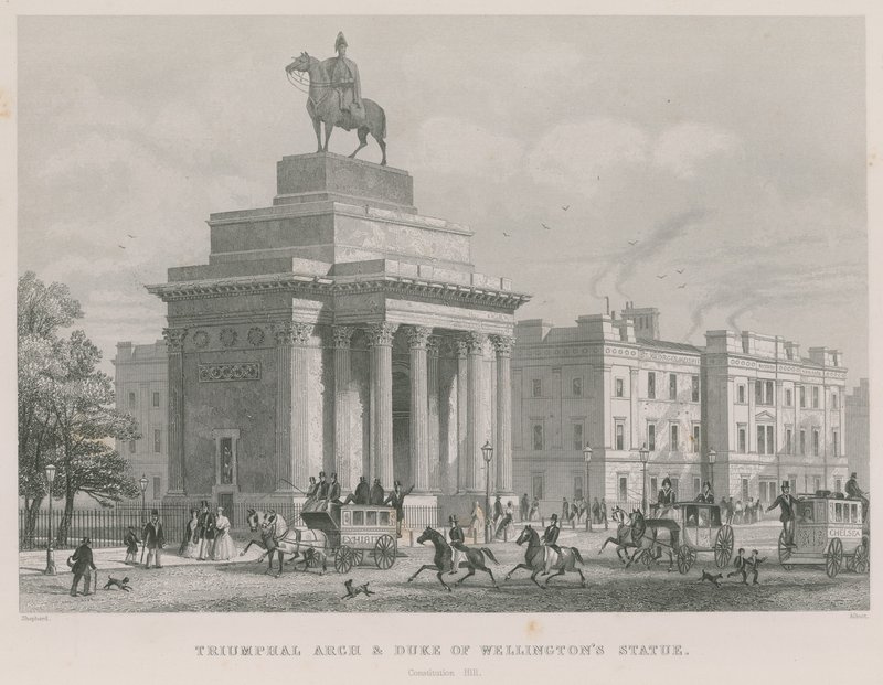 Diadalív és Wellington herceg szobra, Constitution Hill, Hyde Park, London alkotó: Thomas Hosmer Shepherd