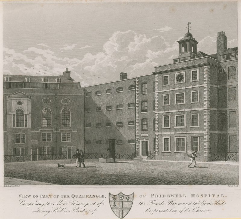 Kilátás a Bridewell Kórház négyszögének egy részére alkotó: Thomas Hosmer Shepherd