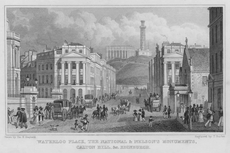 Waterloo Place, a Nemzeti és Nelson-emlékművek, Calton Hill stb., Edinburgh (metszet) alkotó: Thomas Hosmer Shepherd