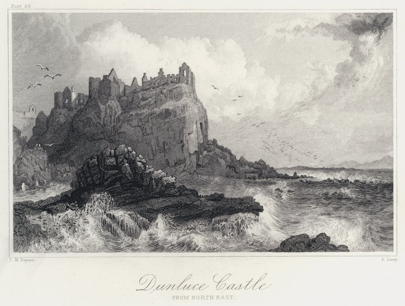 Dunluce kastély, északkeletről (metszet) alkotó: Thomas Mann (after) Baynes
