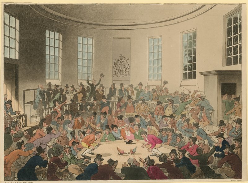 Kakasviadalt néző tömeget ábrázoló illusztráció alkotó: Thomas Rowlandson