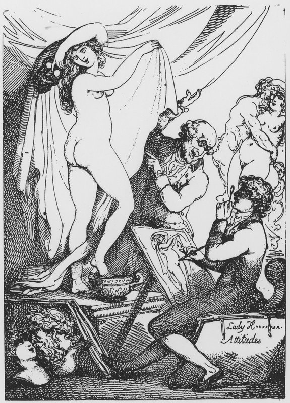 A leendő Lady Hamilton Hygeiának, az egészség istennőjének pózol Dr. James Graham Aesculapius templomában alkotó: Thomas Rowlandson