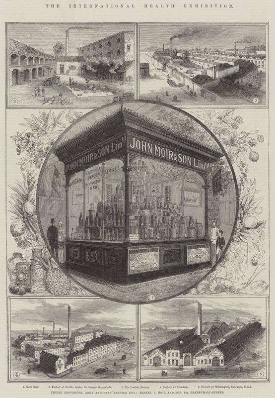 Nemzetközi Egészségügyi Kiállítás, Ónozott ellátás, Hadsereg és Haditengerészet adagja stb., Messers J Moir and Son, 148, Leadenhall-Street alkotó: Thomas Sulman