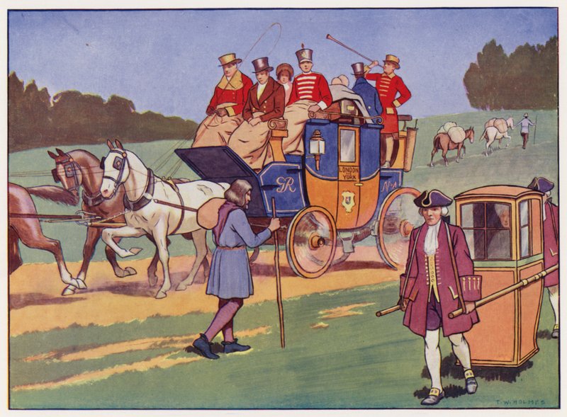 Négyes kocsi, szedán szék és teherhordó lovak (színes litho) alkotó: Thomas William Holmes