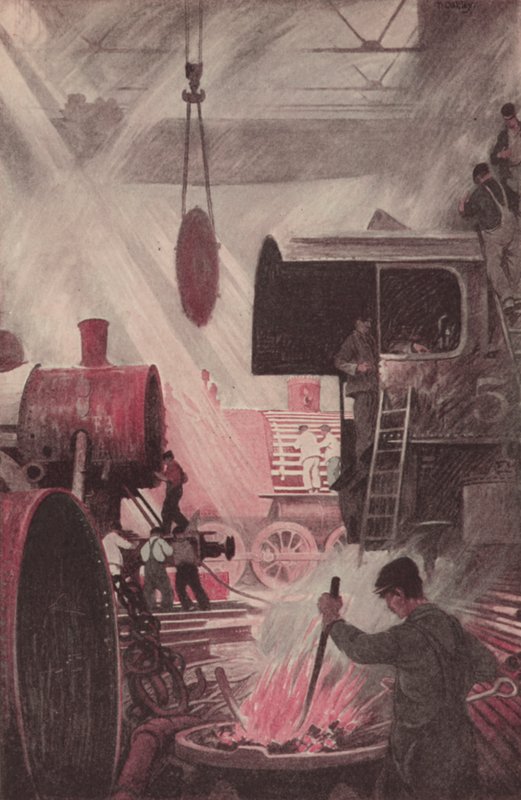 Mozdonyépítés (színes litográfia) alkotó: Thornton Oakley