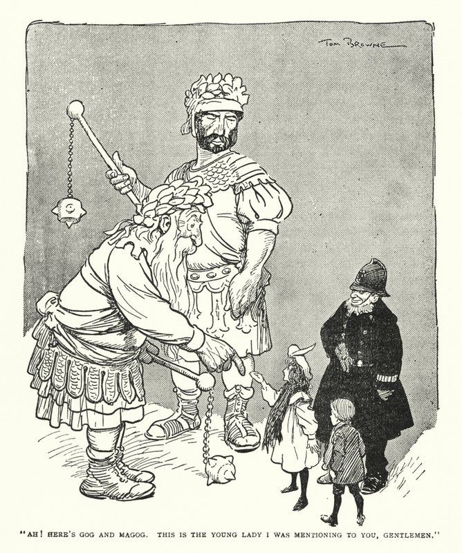 "Ah! Itt van Góg és Magog, ez az a fiatal hölgy, akit említettem önöknek, uraim" (litho) alkotó: Tom Browne