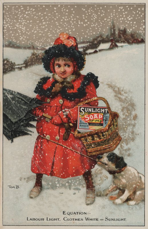 Lány sétál haza a hóban: Napfény szappan (chromolitho) reklámja alkotó: Tom Browne