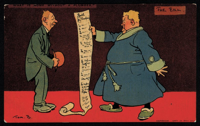 Férfi hosszú számlát olvas vízvezeték-szerelőjétől (chromolitho) alkotó: Tom Browne