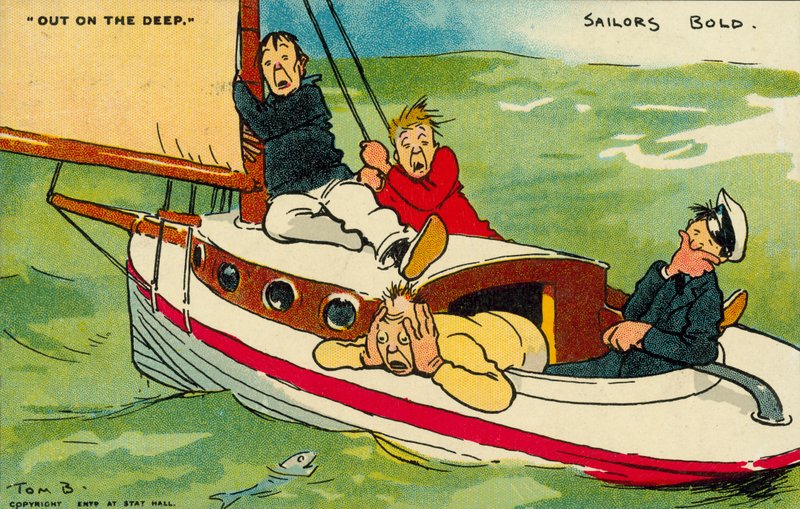 Kint a mélyben: merész tengerészek (színes litográfia) alkotó: Tom Browne